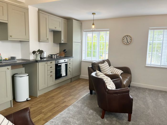 Living area with two leather armchairs beside shuttered windows
